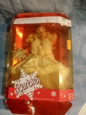Vintage Happy Holidays Barbie Doll in Gold and White Holiday Gown